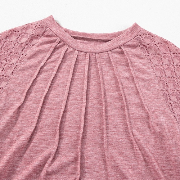 Rose Pink Contrast Lace Raglan Sleeve Plicate Round Neck Top - Picture 7 of 13